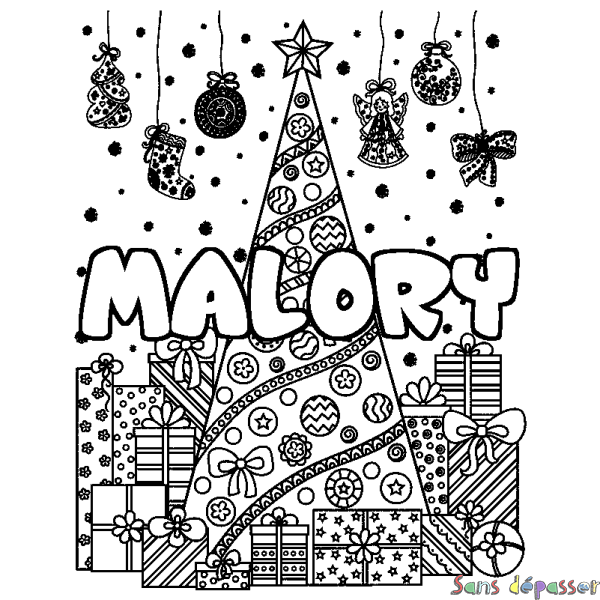 Coloriage prénom MALORY - d&eacute;cor Sapin et Cadeaux