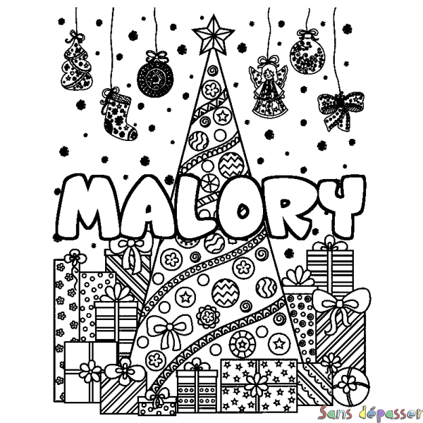 Coloriage pr&eacute;nom MALORY - d&eacute;cor Sapin et Cadeaux