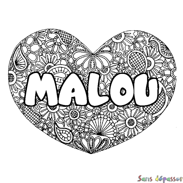 Coloriage prénom MALOU - d&eacute;cor Mandala coeur