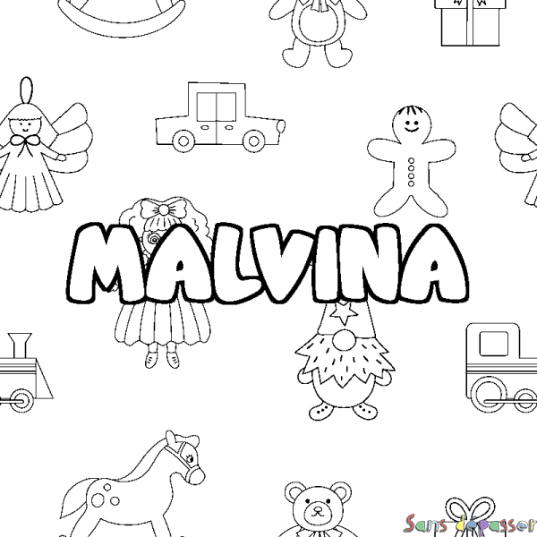 Coloriage pr&eacute;nom MALVINA - d&eacute;cor Jouets