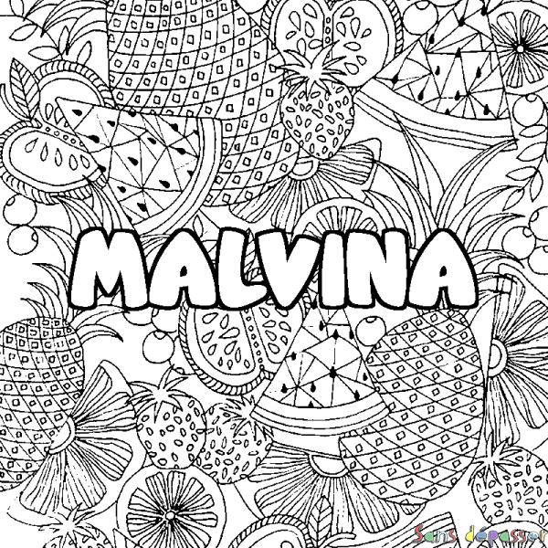 Coloriage pr&eacute;nom MALVINA - d&eacute;cor Mandala fruits
