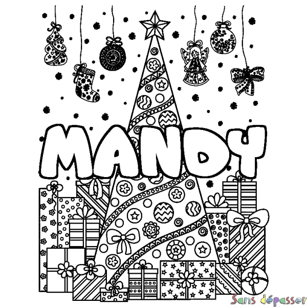 Coloriage prénom MANDY - d&eacute;cor Sapin et Cadeaux
