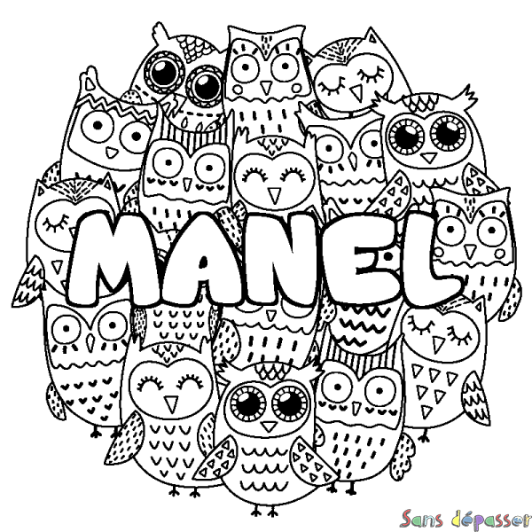 Coloriage pr&eacute;nom MANEL - d&eacute;cor Chouettes