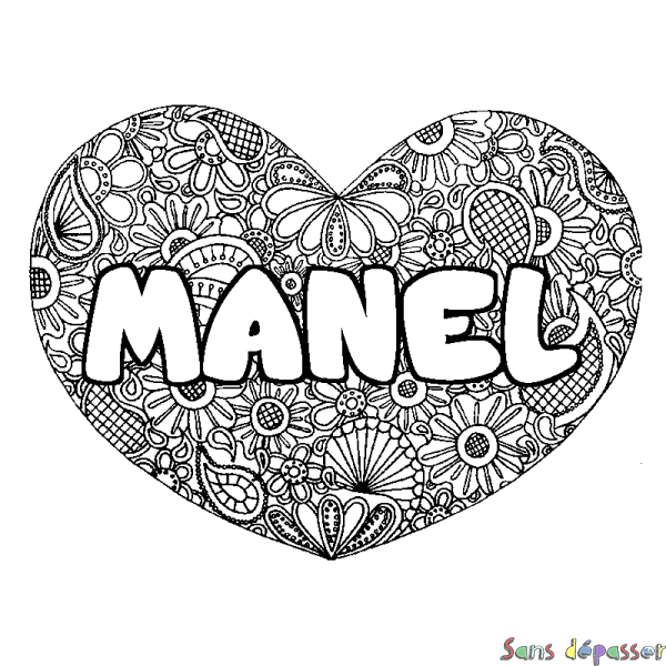 Coloriage pr&eacute;nom MANEL - d&eacute;cor Mandala coeur