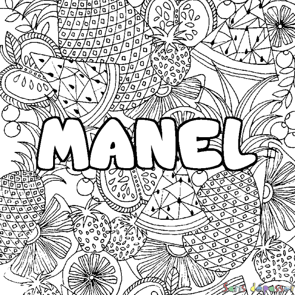 Coloriage prénom MANEL - d&eacute;cor Mandala fruits