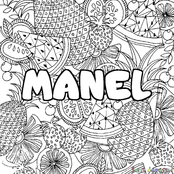 Coloriage pr&eacute;nom MANEL - d&eacute;cor Mandala fruits