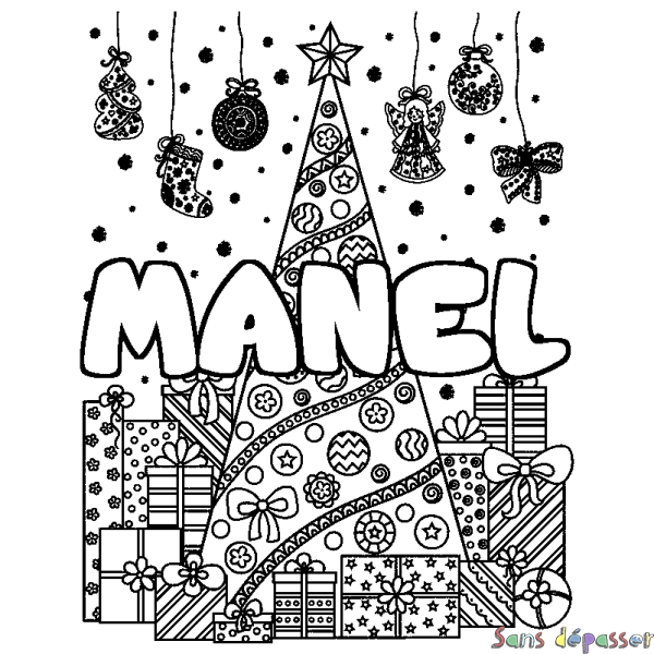 Coloriage prénom MANEL - d&eacute;cor Sapin et Cadeaux