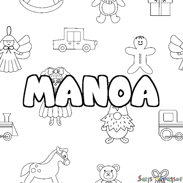 Coloriage pr&eacute;nom MANOA - d&eacute;cor Jouets