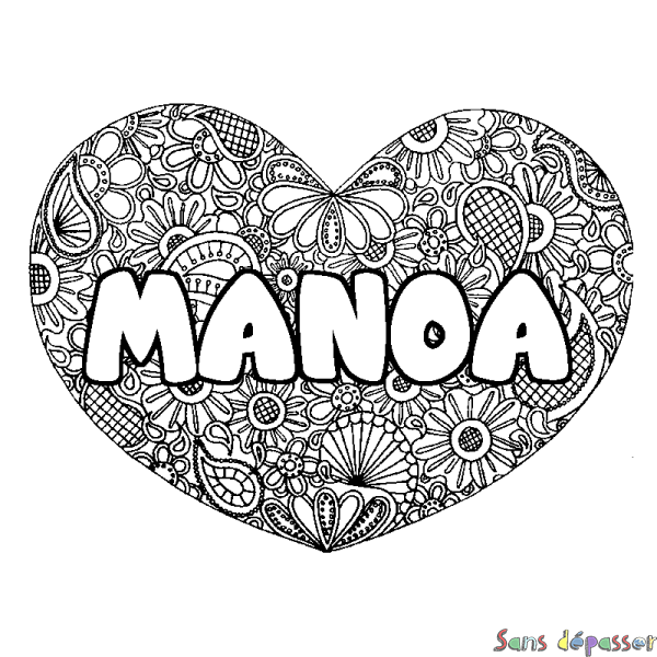 Coloriage prénom MANOA - d&eacute;cor Mandala coeur