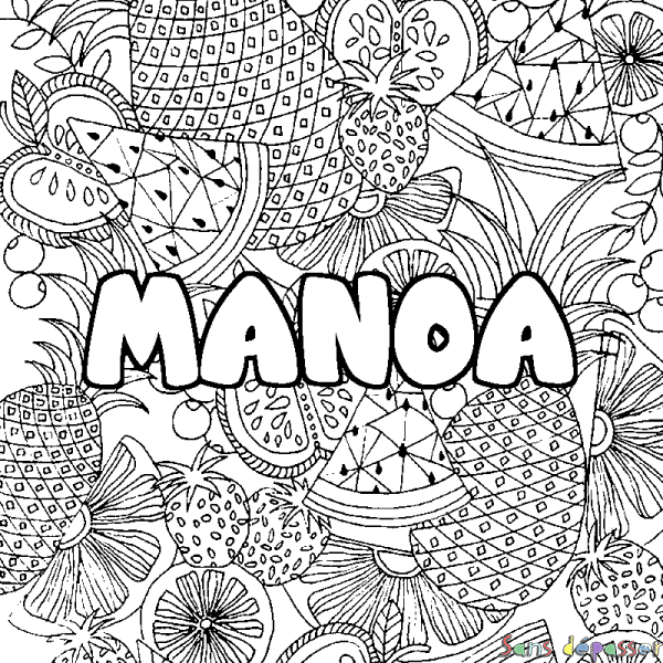 Coloriage pr&eacute;nom MANOA - d&eacute;cor Mandala fruits