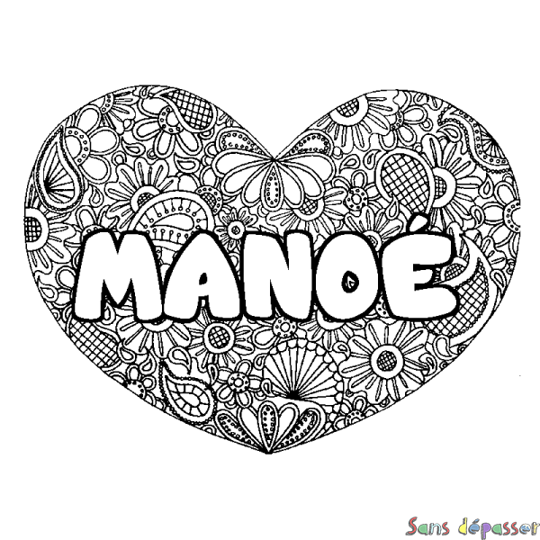 Coloriage pr&eacute;nom MANO&Eacute; - d&eacute;cor Mandala coeur