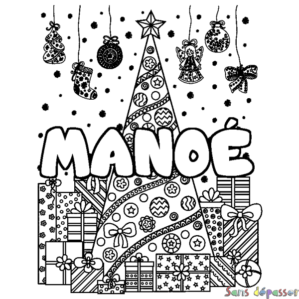 Coloriage pr&eacute;nom MANO&Eacute; - d&eacute;cor Sapin et Cadeaux