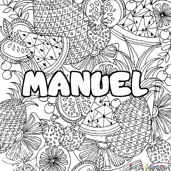 Coloriage pr&eacute;nom MANUEL - d&eacute;cor Mandala fruits