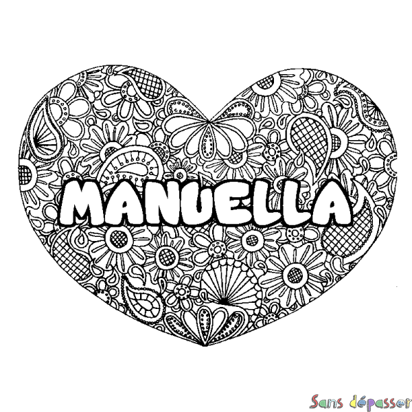 Coloriage pr&eacute;nom MANUELLA - d&eacute;cor Mandala coeur