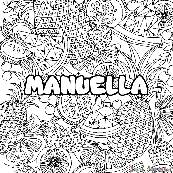 Coloriage pr&eacute;nom MANUELLA - d&eacute;cor Mandala fruits
