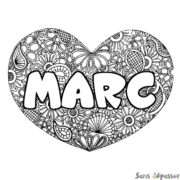Coloriage prénom MARC - d&eacute;cor Mandala coeur