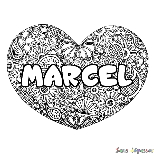 Coloriage prénom MARCEL - d&eacute;cor Mandala coeur
