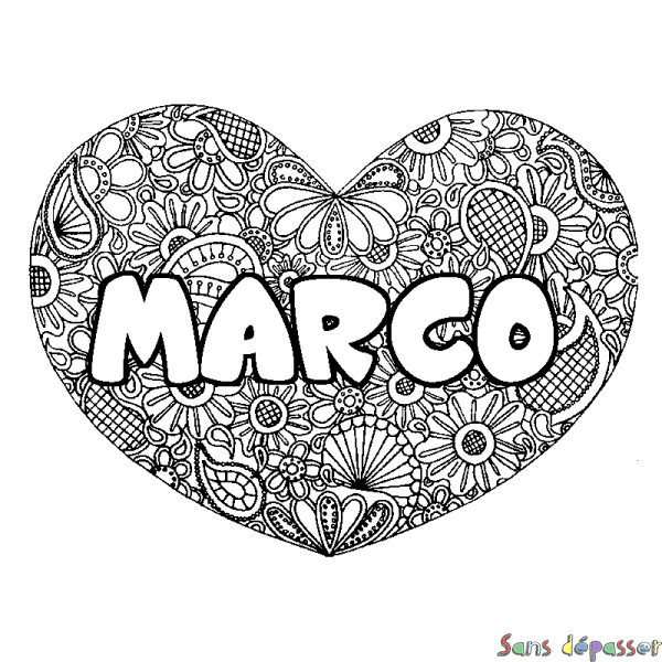 Coloriage prénom MARCO - d&eacute;cor Mandala coeur