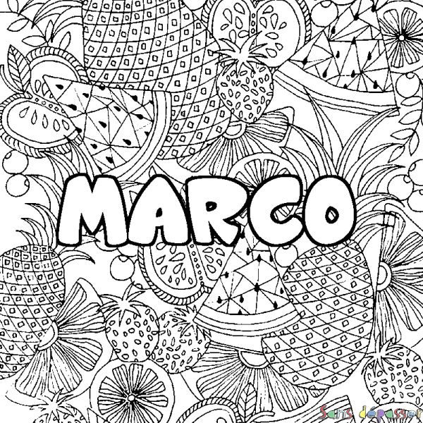 Coloriage pr&eacute;nom MARCO - d&eacute;cor Mandala fruits