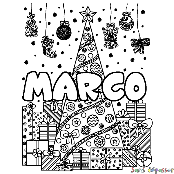 Coloriage prénom MARCO - d&eacute;cor Sapin et Cadeaux