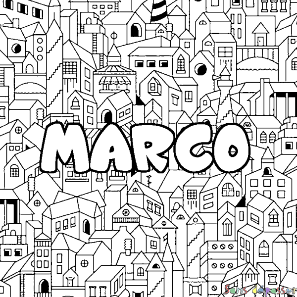 Coloriage pr&eacute;nom MARCO - d&eacute;cor Ville