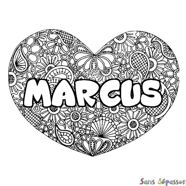 Coloriage pr&eacute;nom MARCUS - d&eacute;cor Mandala coeur