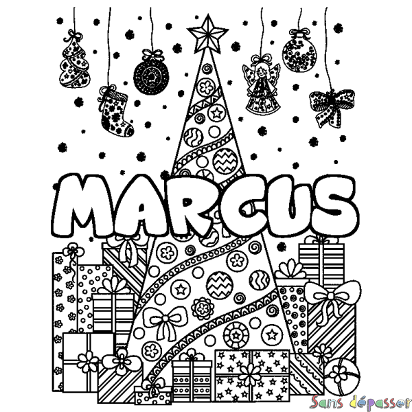 Coloriage prénom MARCUS - d&eacute;cor Sapin et Cadeaux