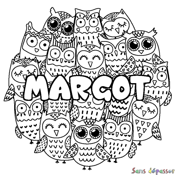 Coloriage pr&eacute;nom MARGOT - d&eacute;cor Chouettes