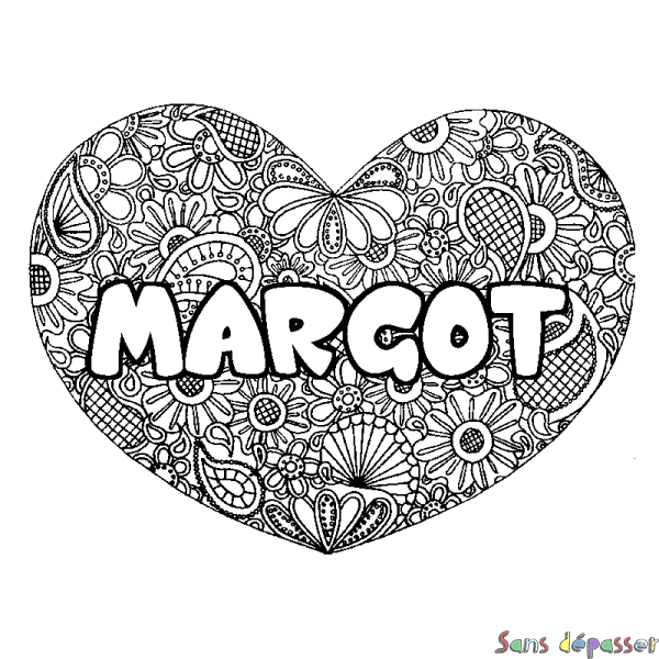 Coloriage pr&eacute;nom MARGOT - d&eacute;cor Mandala coeur