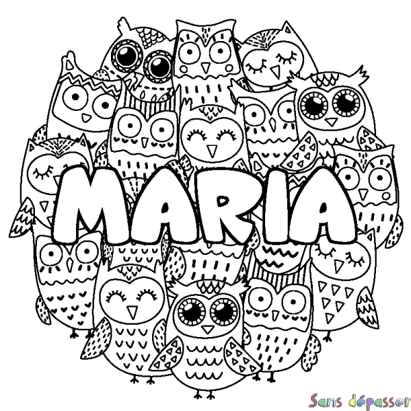 Coloriage pr&eacute;nom MARIA - d&eacute;cor Chouettes