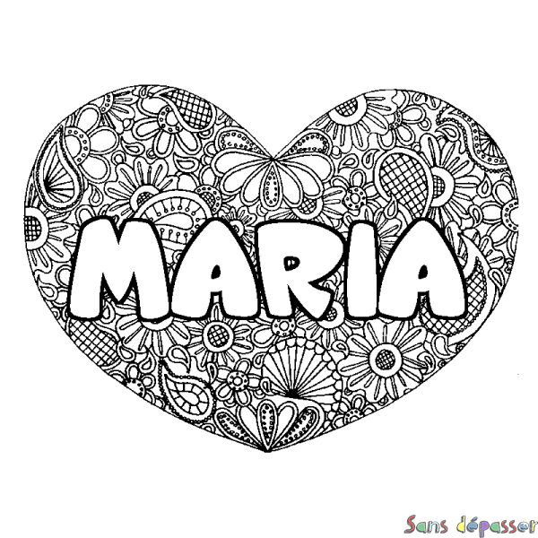 Coloriage prénom MARIA - d&eacute;cor Mandala coeur