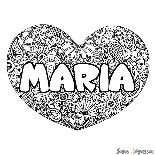 Coloriage pr&eacute;nom MARIA - d&eacute;cor Mandala coeur
