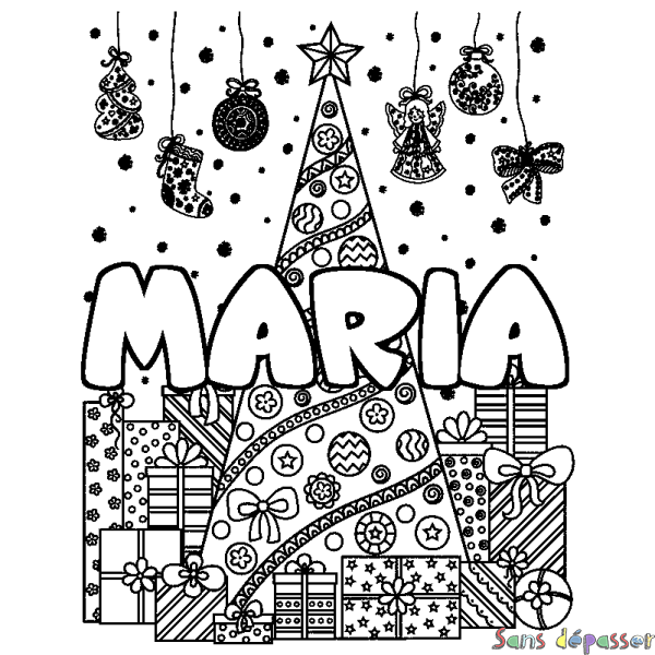 Coloriage prénom MARIA - d&eacute;cor Sapin et Cadeaux