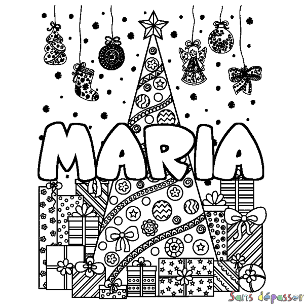 Coloriage pr&eacute;nom MARIA - d&eacute;cor Sapin et Cadeaux