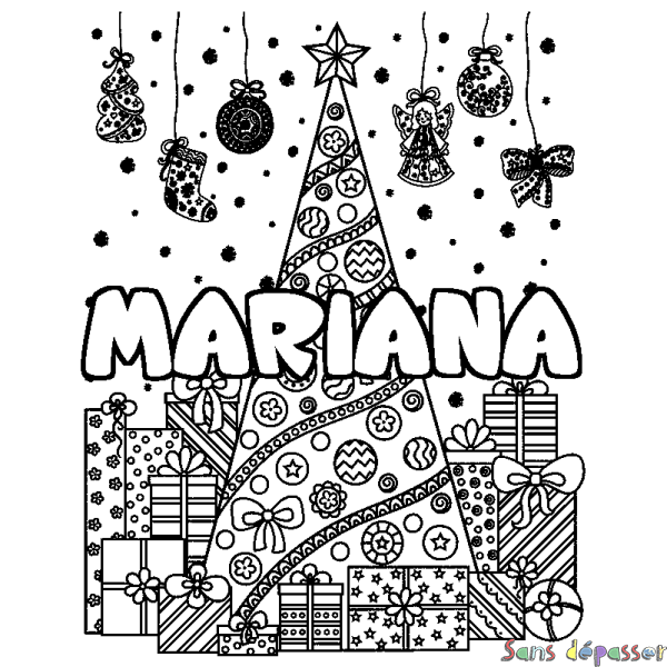 Coloriage prénom MARIANA - d&eacute;cor Sapin et Cadeaux
