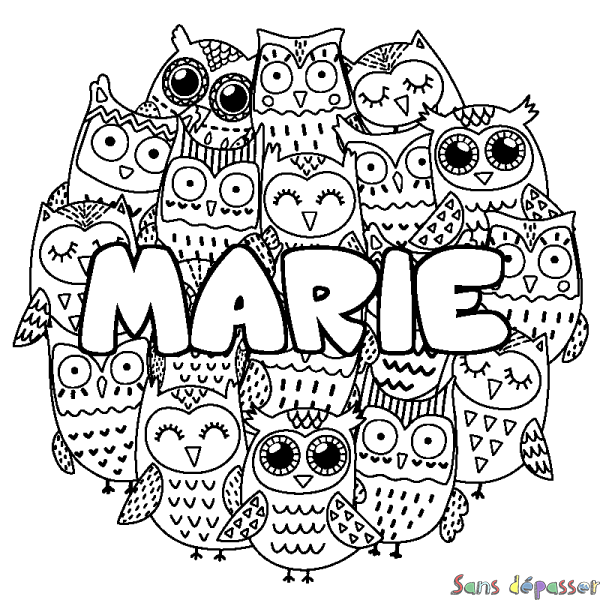 Coloriage pr&eacute;nom MARIE - d&eacute;cor Chouettes