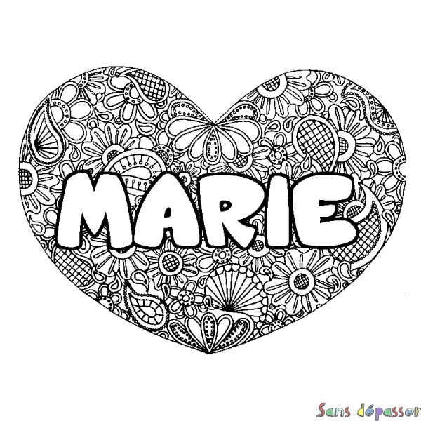 Coloriage prénom MARIE - d&eacute;cor Mandala coeur