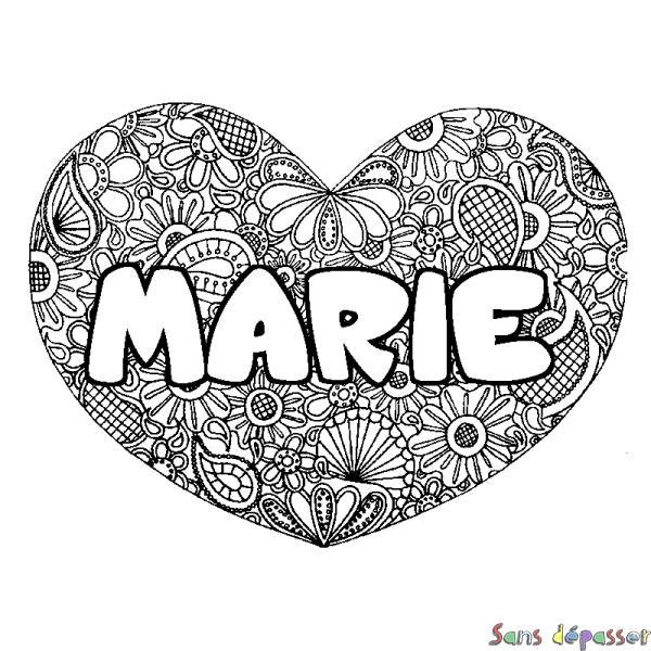Coloriage pr&eacute;nom MARIE - d&eacute;cor Mandala coeur