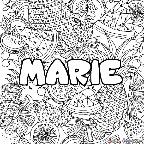 Coloriage pr&eacute;nom MARIE - d&eacute;cor Mandala fruits