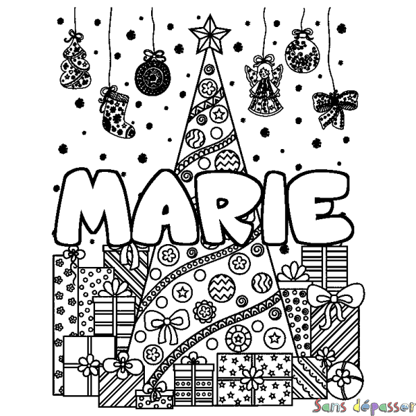 Coloriage prénom MARIE - d&eacute;cor Sapin et Cadeaux
