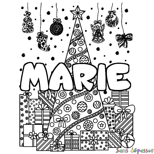 Coloriage pr&eacute;nom MARIE - d&eacute;cor Sapin et Cadeaux