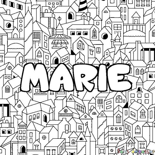 Coloriage pr&eacute;nom MARIE - d&eacute;cor Ville