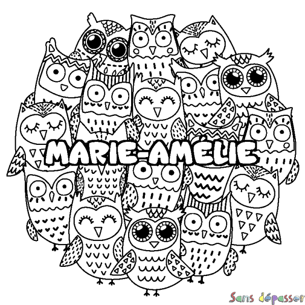 Coloriage prénom MARIE-AM&Eacute;LIE - d&eacute;cor Chouettes
