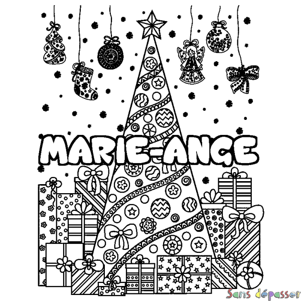 Coloriage pr&eacute;nom MARIE-ANGE - d&eacute;cor Sapin et Cadeaux