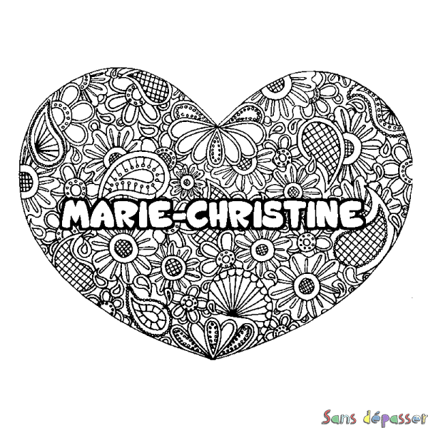 Coloriage prénom MARIE-CHRISTINE - d&eacute;cor Mandala coeur