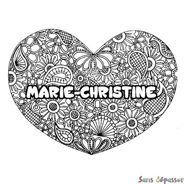 Coloriage pr&eacute;nom MARIE-CHRISTINE - d&eacute;cor Mandala coeur