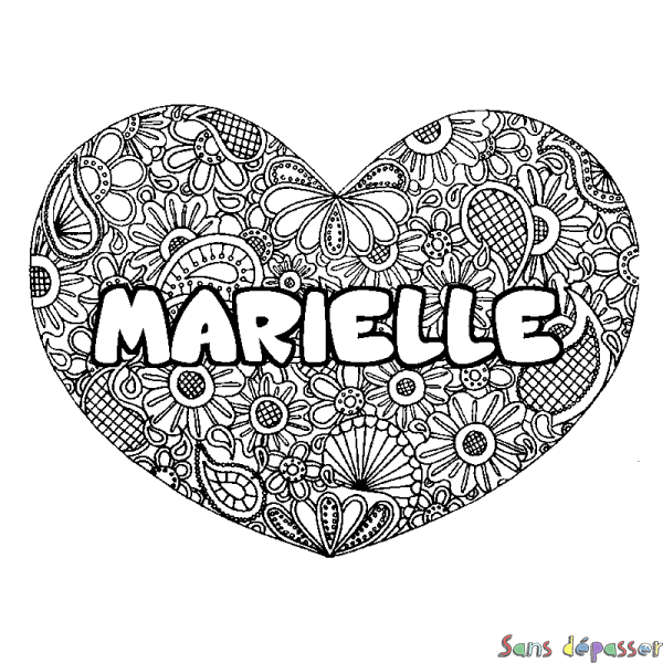Coloriage pr&eacute;nom MARIELLE - d&eacute;cor Mandala coeur