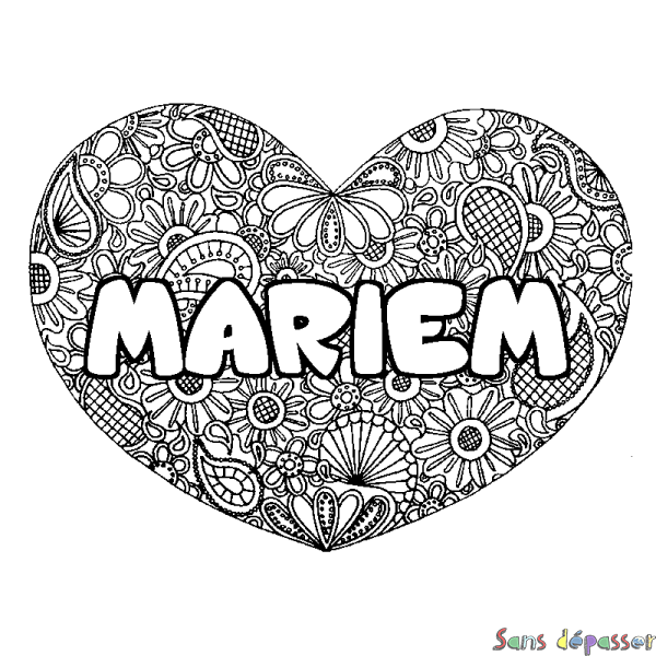 Coloriage pr&eacute;nom MARIEM - d&eacute;cor Mandala coeur