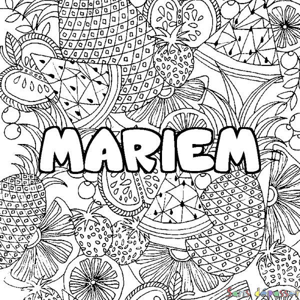 Coloriage pr&eacute;nom MARIEM - d&eacute;cor Mandala fruits