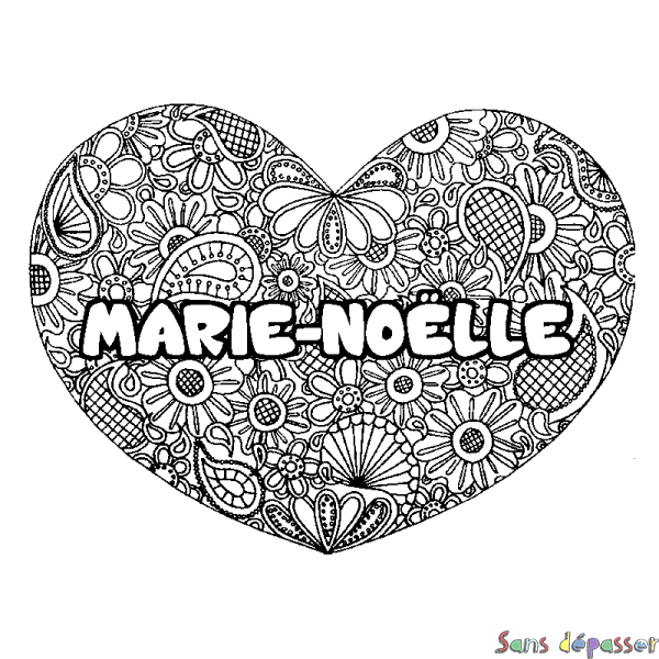 Coloriage pr&eacute;nom MARIE-NO&Euml;LLE - d&eacute;cor Mandala coeur